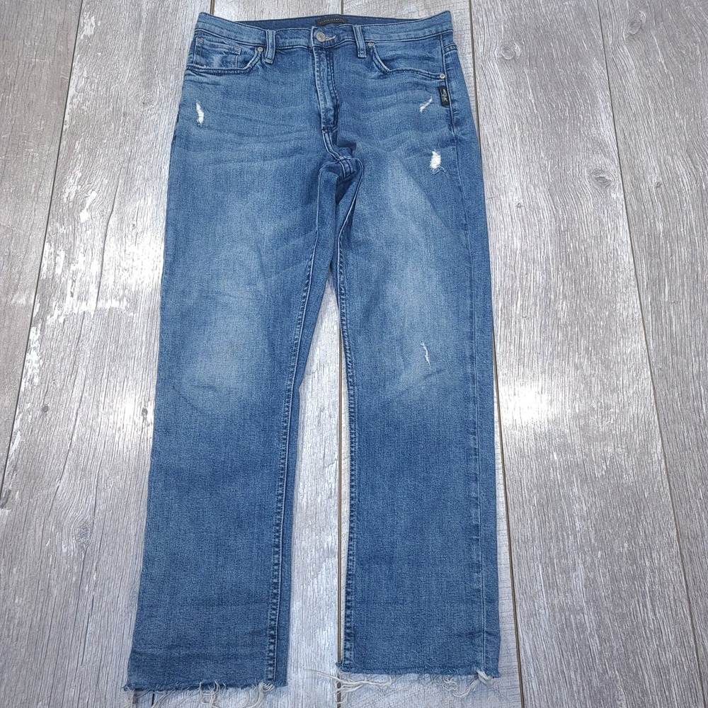 Silver Jeans Frisco Straight Leg Womens Size 29x28 Blue Distressed Raw Hem
